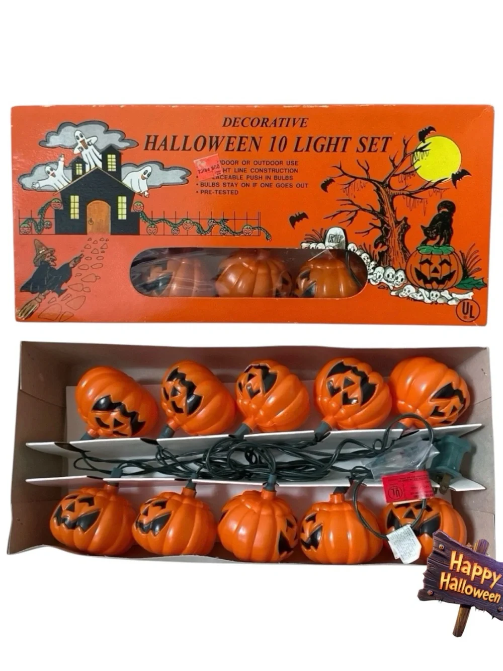 Vintage Halloween Pumpkin Blow Mold String Lights 10 Light Set Tested Works Box